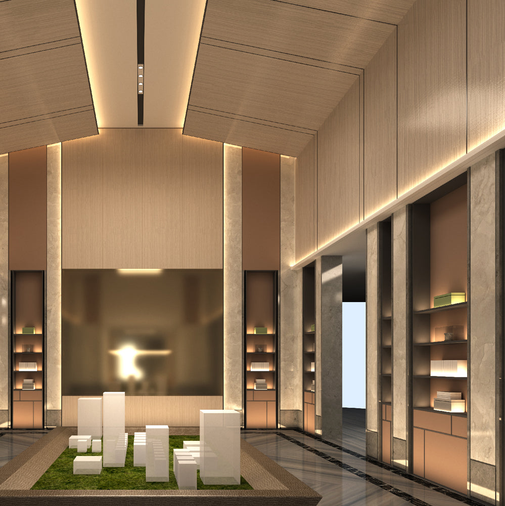 Catalog interior application with coordinated light wood-look surfaces