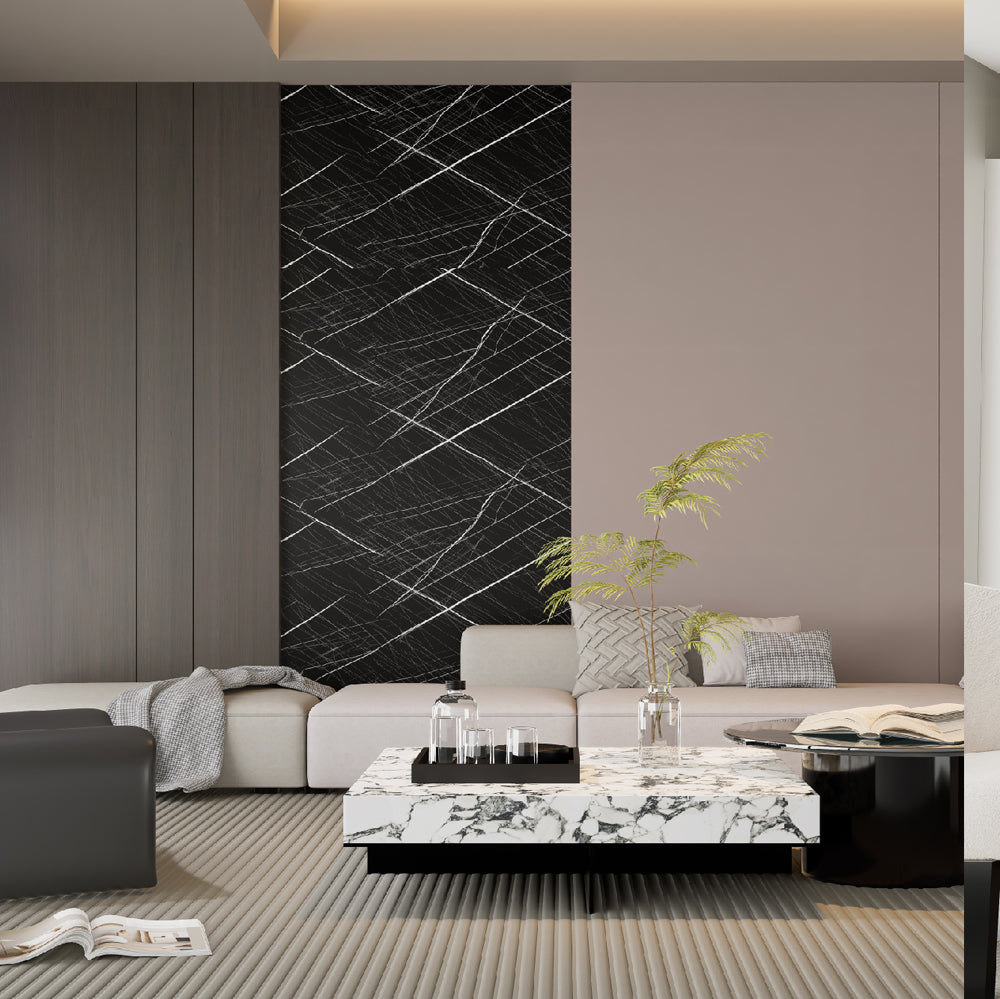 Catalog living-room application with a dark marble-look feature wall